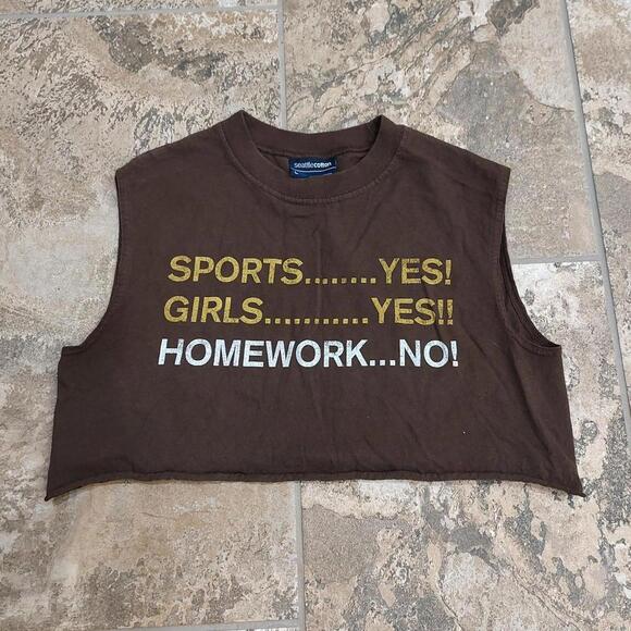 Tops - 2000s brown sports YES! girls YES! homework No! raw hem cropped sleeveless top